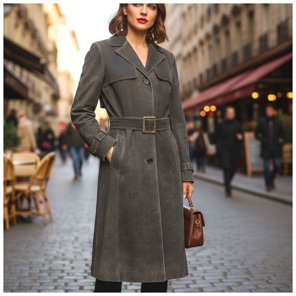 Tryst Women’s Full-Length Dark Gray Leather Trench Coat. Small - Picture 1 of 12